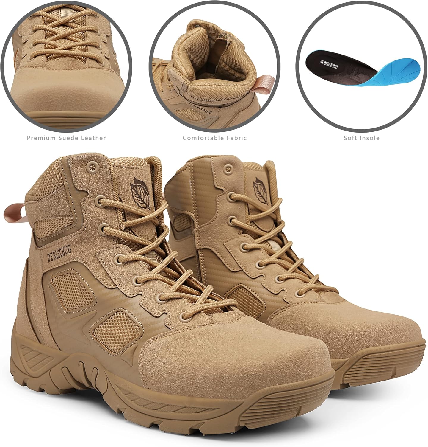 derlychug 男式军事战术战靴侧拉链轻质户外登山靴工作步行沙漠透气